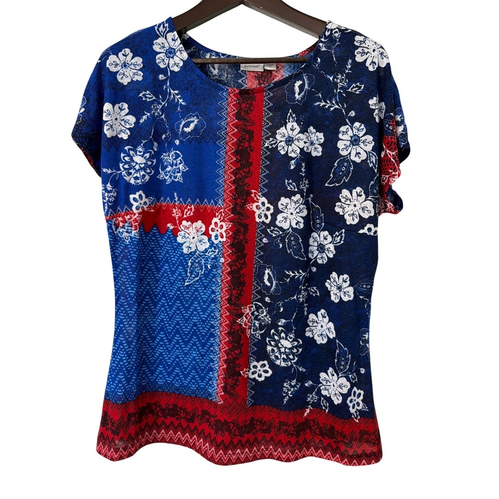Avenue Red White Blue Floral Patchwork Short Sleeve‎ Blouse Size 20 NWT